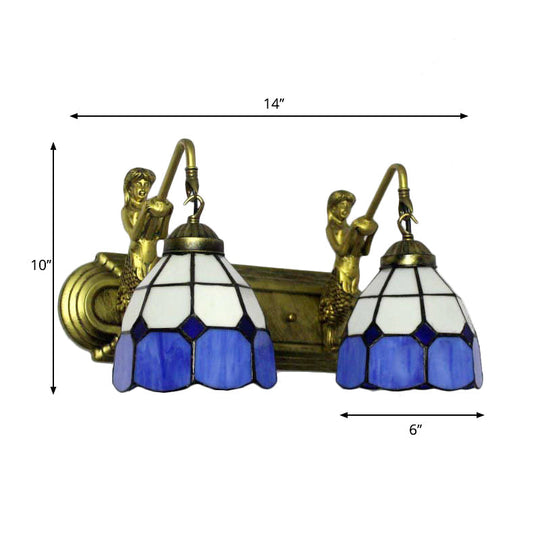 Mediterranean Blue Glass Wall Sconce With Mermaid Backplate And Grid Patterned Shades
