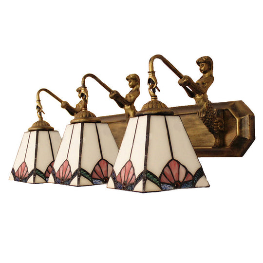 Tiffany White Glass Trapezoid Wall Mount Light With Mermaid Decoration - 3 Lights Brass Vanity