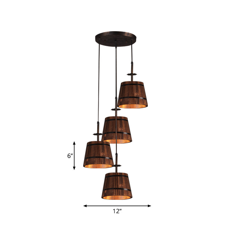 Rustic Wood Pendant Light With 4 Coolie-Shade Heads For Restaurants - Brown