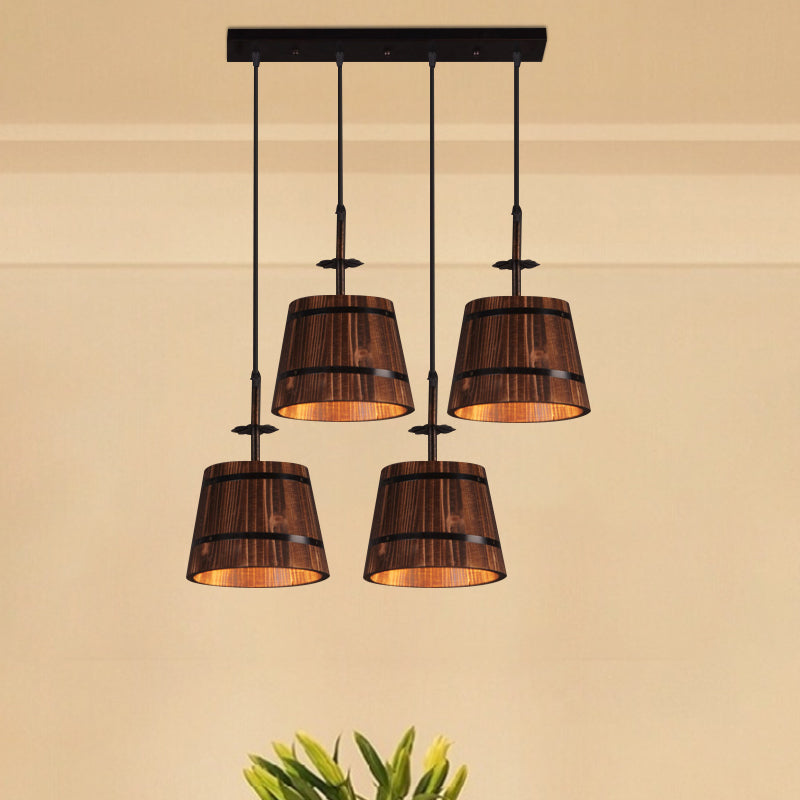 Rustic Wood Pendant Light With 4 Hanging Lamps - Coolie Shade For Restaurants In Brown Black /