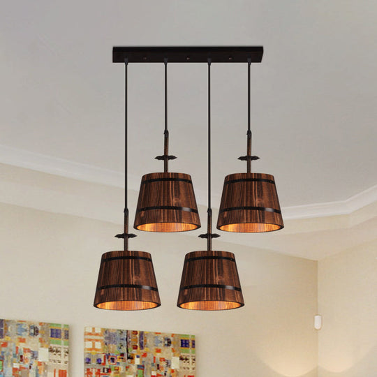 Rustic Wood Pendant Light With 4 Hanging Lamps - Coolie Shade For Restaurants In Brown
