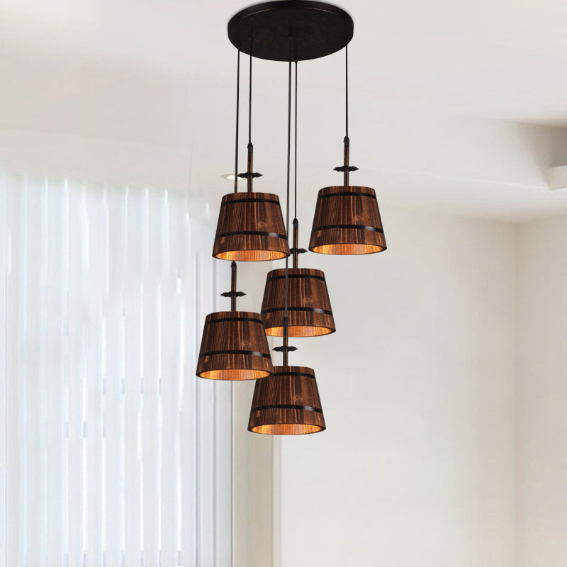 Rustic Wooden Bucket Pendant Light - Café Lodge 4-Light Country Style Brown Black / Round
