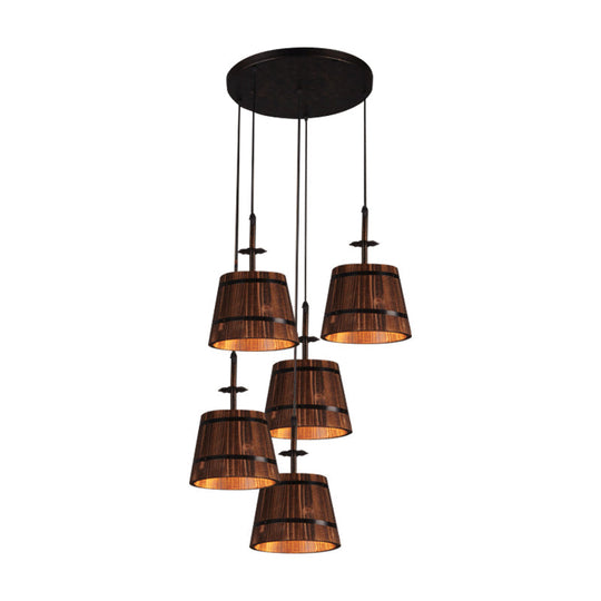 Rustic Wooden Bucket Pendant Light - Café Lodge 4-Light Country Style Brown