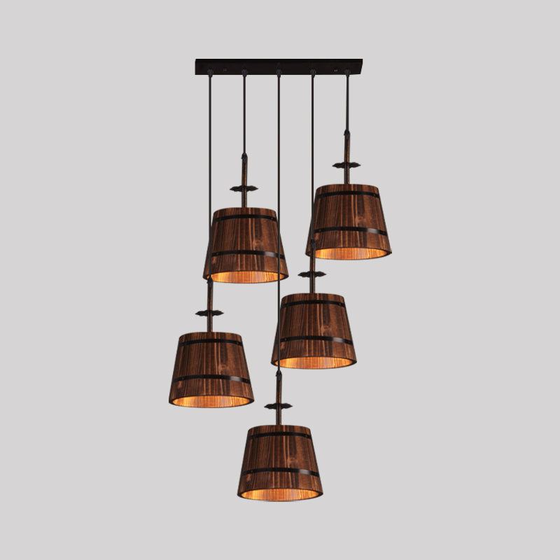 Rustic Wooden Bucket Pendant Light - Café Lodge 4-Light Country Style Brown