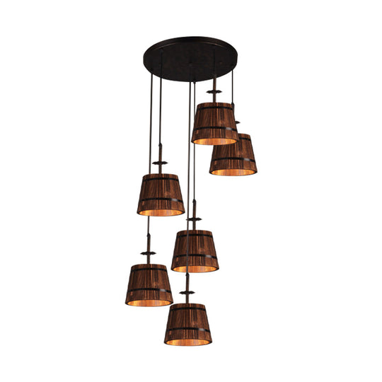 Industrial 6-Light Wooden Tapered Shade Pendant Light In Brown For Coffee Shop