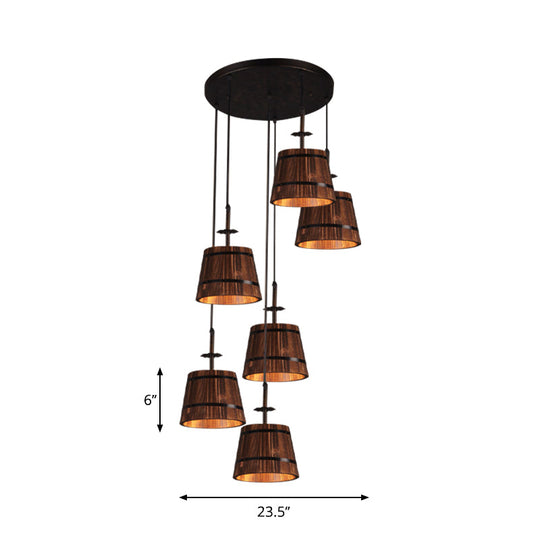 Industrial 6-Light Wooden Pendant For Coffee Shops - Tapered Brown Shades