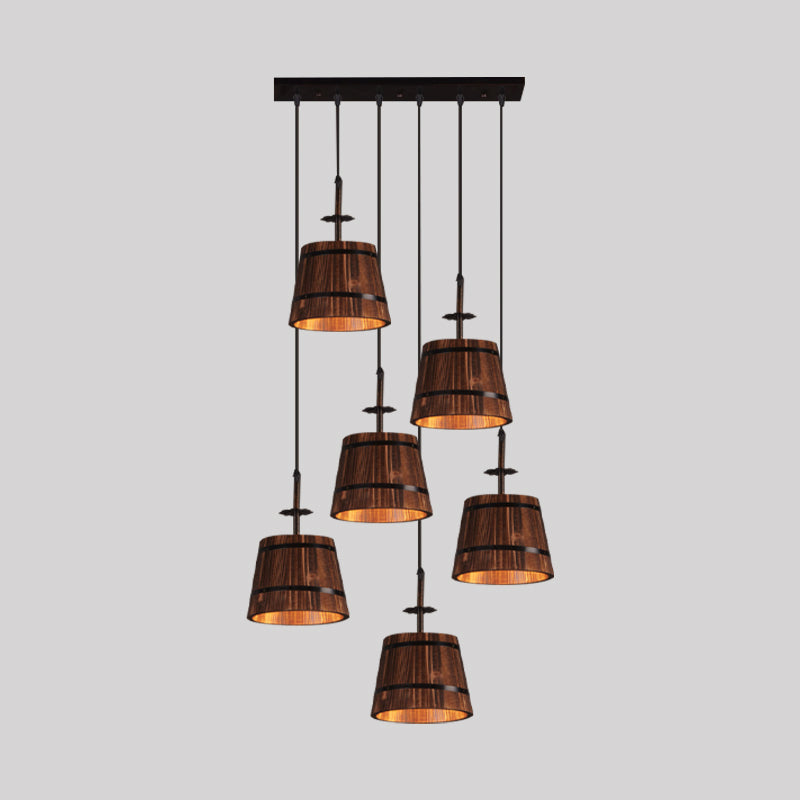 Industrial 6-Light Wooden Tapered Shade Pendant Light In Brown For Coffee Shop