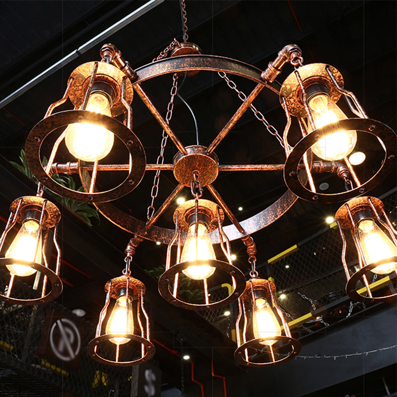 7-Light Dark Rust Pendant Chandelier With Wrought Iron Bell Cage And Wheel Design - Farmhouse