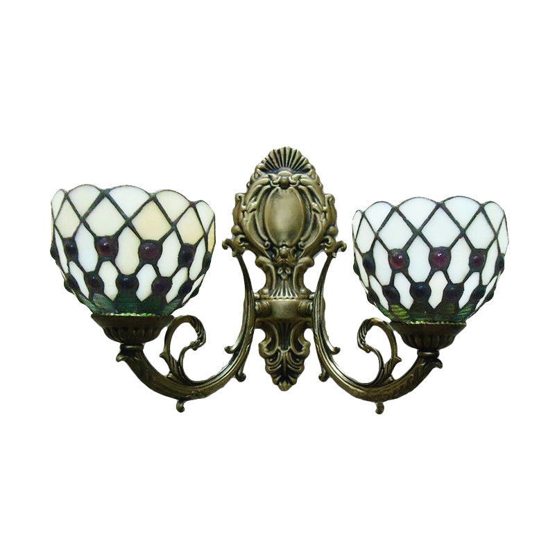 Blue/Beige Lattice Bowl Wall Sconce Tiffany Traditional Lamp For Bathroom