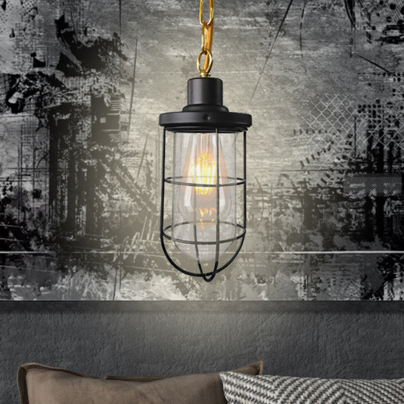 Coastal Black Caged Pendant Lamp With Clear Glass - Single-Bulb Hanging Light Fixture For Bedroom