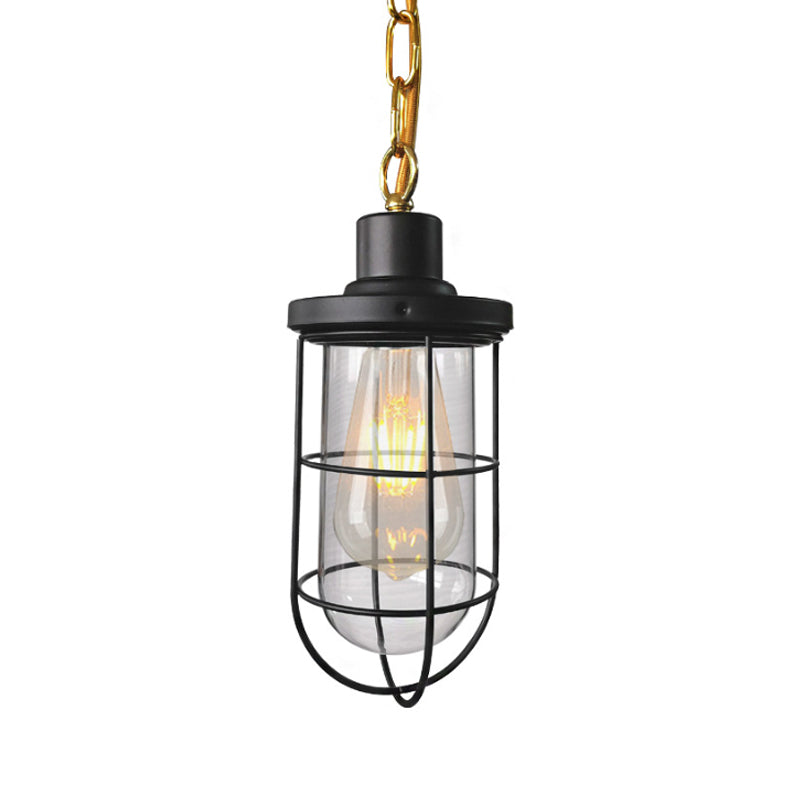 Black Coastal Caged Pendant Lamp Single-Bulb Clear Glass Light Fixture For Bedroom