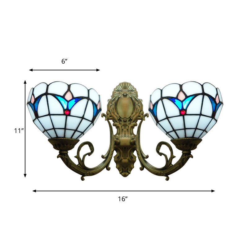 Traditional Tiffany White Stained Glass Wall Sconce With 2 Domed Heads - Ideal For Hotels