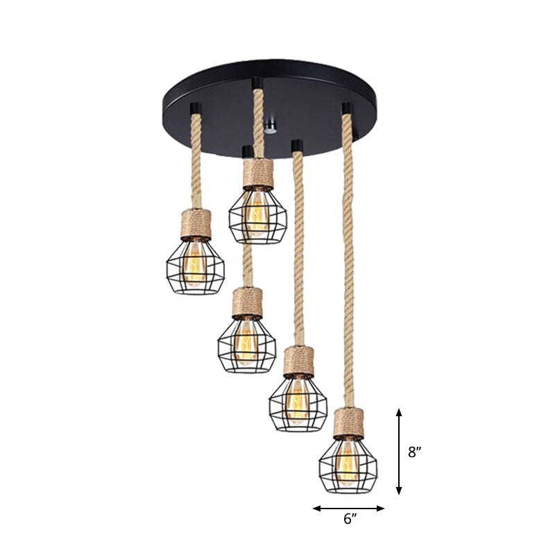 Black Metal Globe Cage Ceiling Light With Adjustable Rope - Lodge Indoor Hanging Lamp (3/5 Heads)