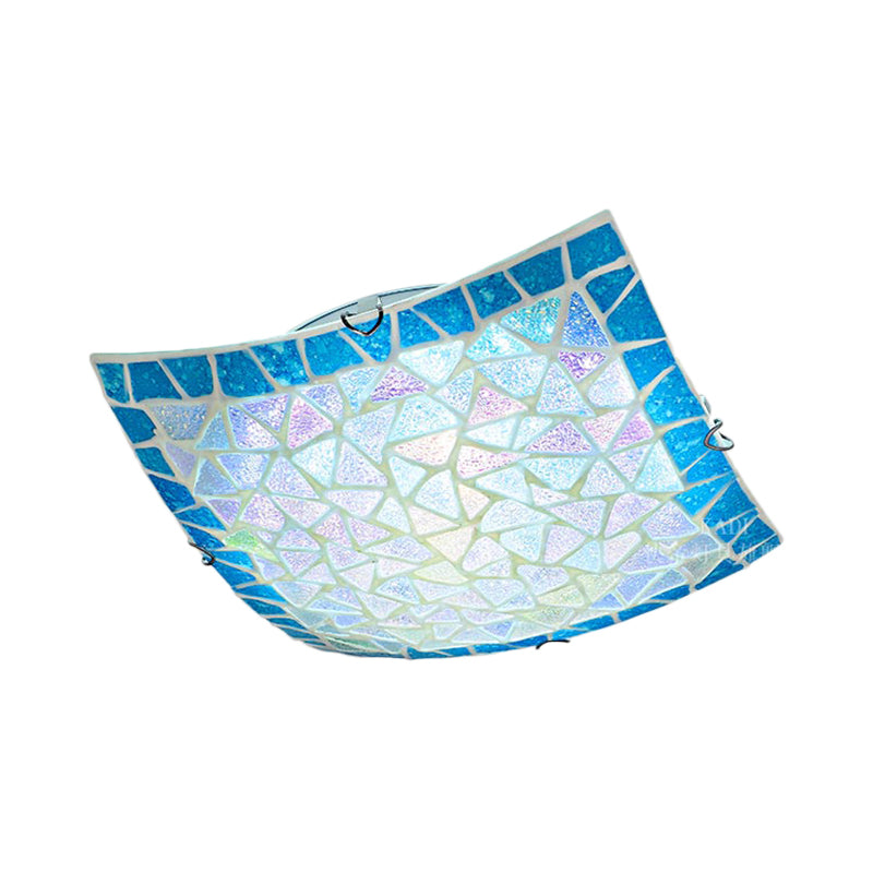 Tiffany Stained Glass Flush Light With Blue/White Convex Design - Perfect For Living Room