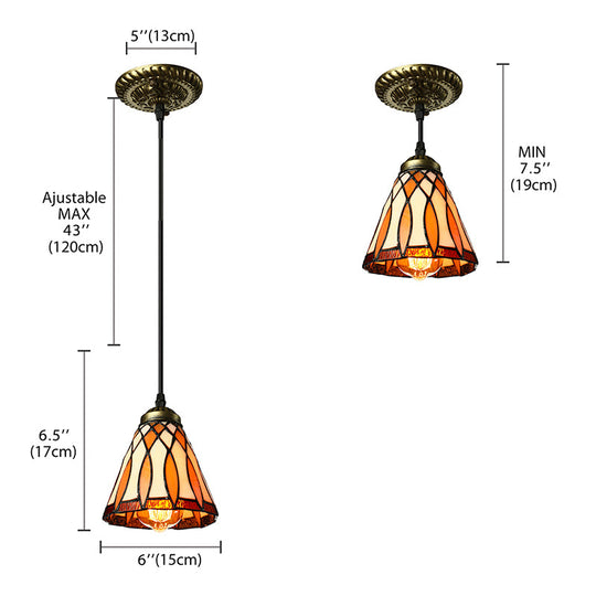Tiffany Hand Rolled Art Glass Cone Shape Hanging Lamp Kit - 1 Light Brown Suspended Fixture For