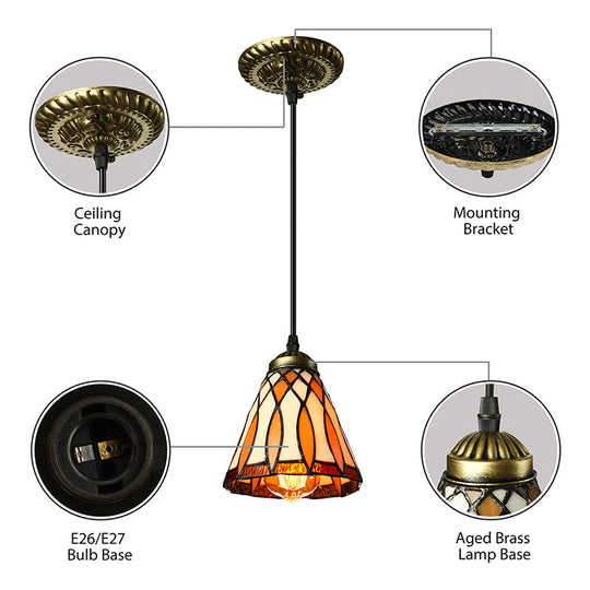 Tiffany Hand Rolled Art Glass Cone Shape Hanging Lamp Kit - 1 Light Brown Suspended Fixture For