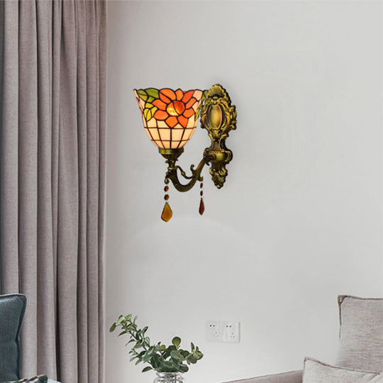 Stained Glass Bowl Wall Sconce With Tiffany Floral Design - Orange