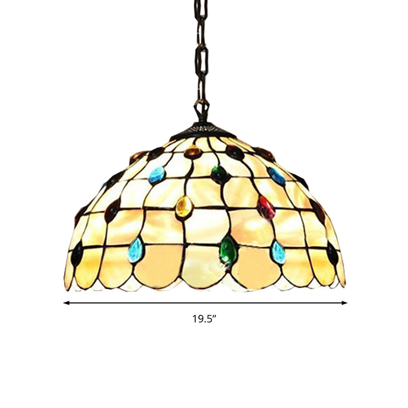 Tiffany-Style Stained Glass Bowl Pendant Lamp With Two Beige Heads And Gemstone Cabochons -