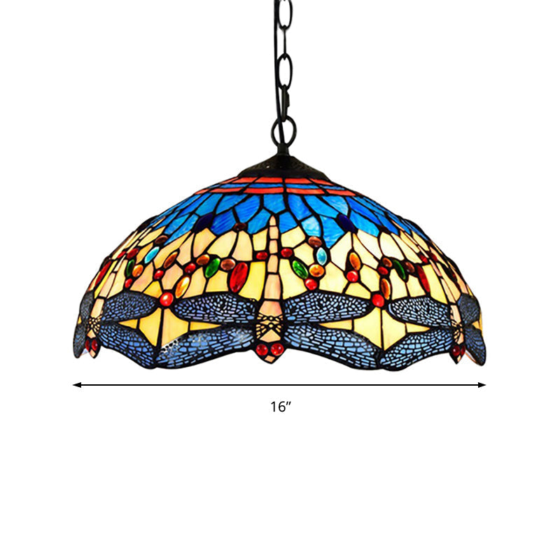 Dragonfly Pendant Light Tiffany Stained Glass Ceiling Lighting - 2 Heads Yellow-Blue Design For