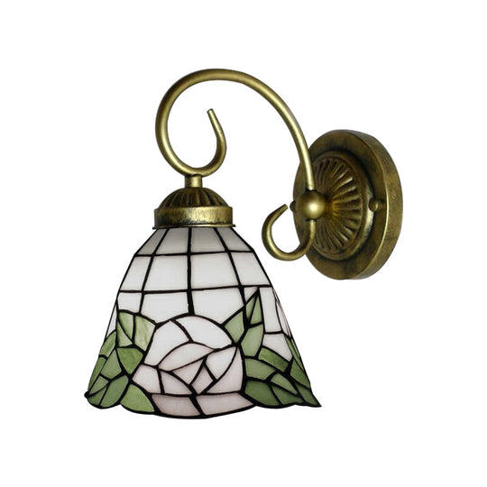 Tiffany Stained Glass Sconce Light: Green Bell Wall Fixture With Rose Pattern