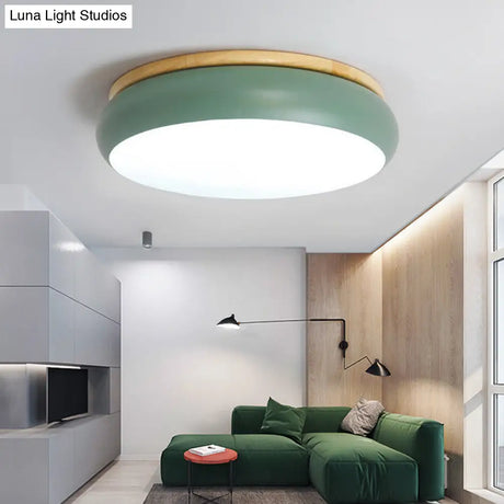18/21.5 Dia Led Flush Mount Drum Lamp In Macaron Wood White/Pink/Green - White/Warm/Natural Light