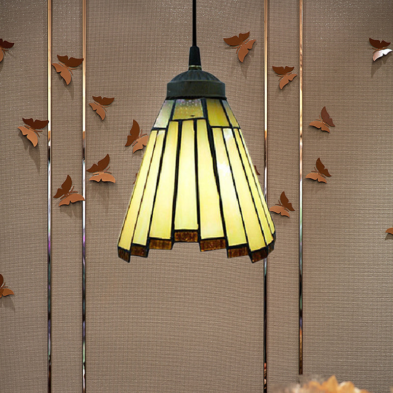 Tiffany Art Glass Cone Hanging Lamp Kit - 1 Light Mini Pendant Lighting (Beige) Beige