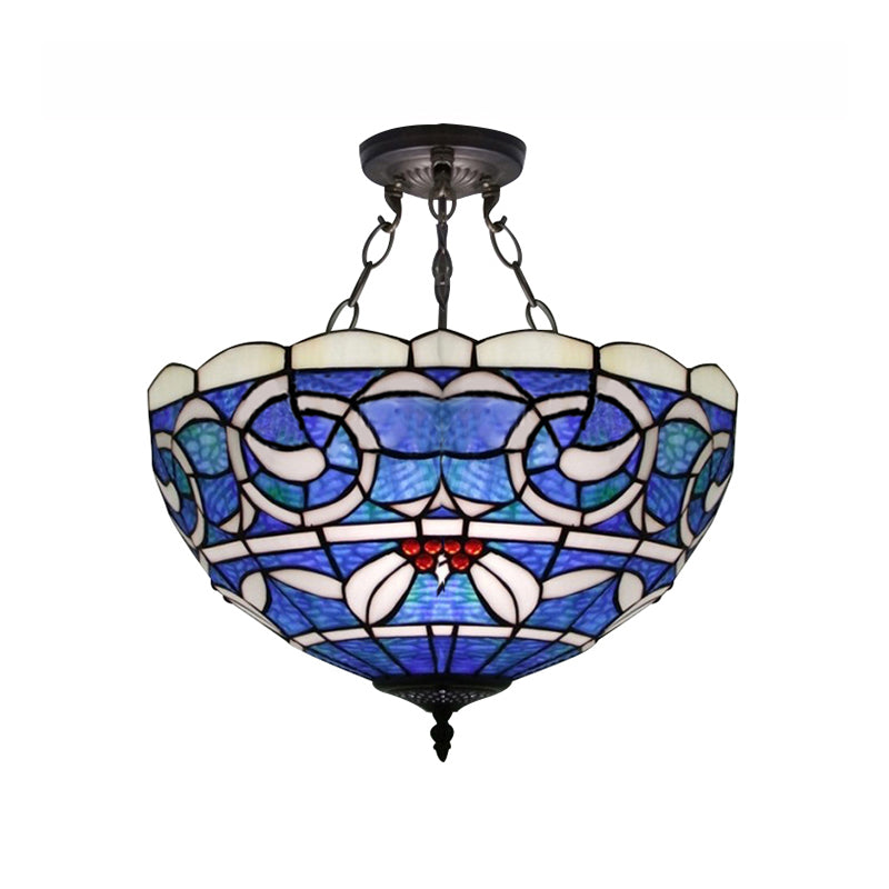Tiffany Rustic 3-Light Inverted Semi Flushmount Ceiling Light With Stained Glass Bowl Shade