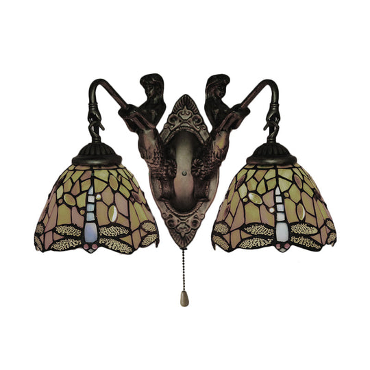 Baroque Dragonfly Wall Light With 2 Orange Glass Sconces - Optional Switch