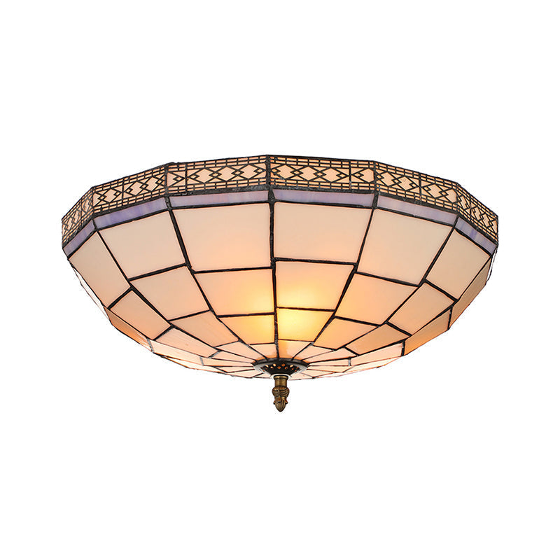 Bowl Flush Ceiling Light 8/8.5/10 Stained Glass 3 Lights In Beige - Traditional Lighting For Living