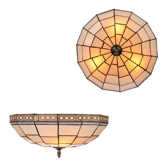 Bowl Flush Ceiling Light 8/8.5/10 Stained Glass 3 Lights In Beige - Traditional Lighting For Living
