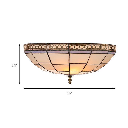 Bowl Flush Ceiling Light 8’/8.5’/10’ Stained Glass 3 Lights In Beige - Traditional Lighting