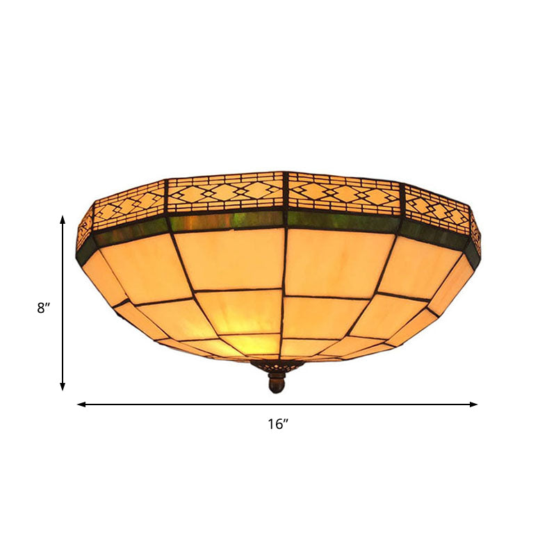 Bowl Flush Ceiling Light 8’/8.5’/10’ Stained Glass 3 Lights In Beige - Traditional Lighting