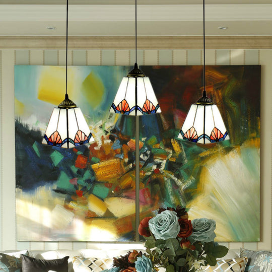 White Pyramid Cluster Pendant With Stained Art Glass - Industrial Ceiling Hang Fixture For Living