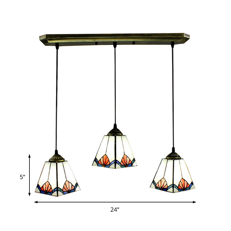 White Pyramid Cluster Pendant With Stained Art Glass - Industrial Ceiling Hang Fixture For Living