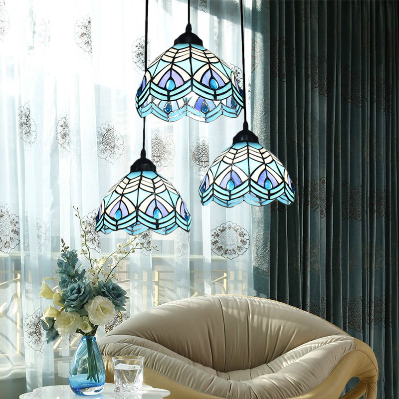 Blue Hand-Cut Glass Pendant Light With Mediterranean Charm - 3 Head Hemisphere Cluster Round/Linear