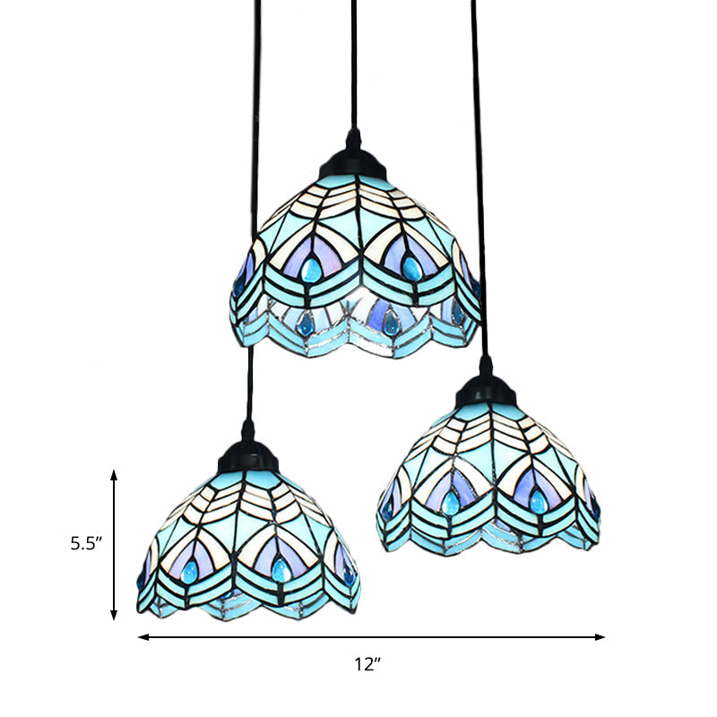 Blue Hand-Cut Glass Pendant Light With Mediterranean Charm - 3 Head Hemisphere Cluster Round/Linear