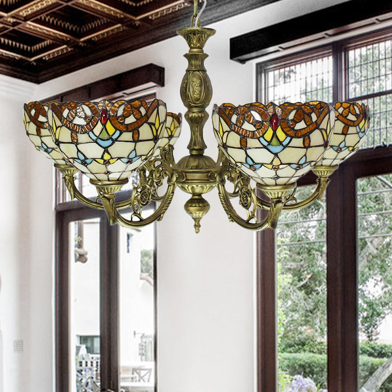 Vintage Stained Glass Peacock Chandelier With 6-Light Baroque Design In Antique Bronze / Tail