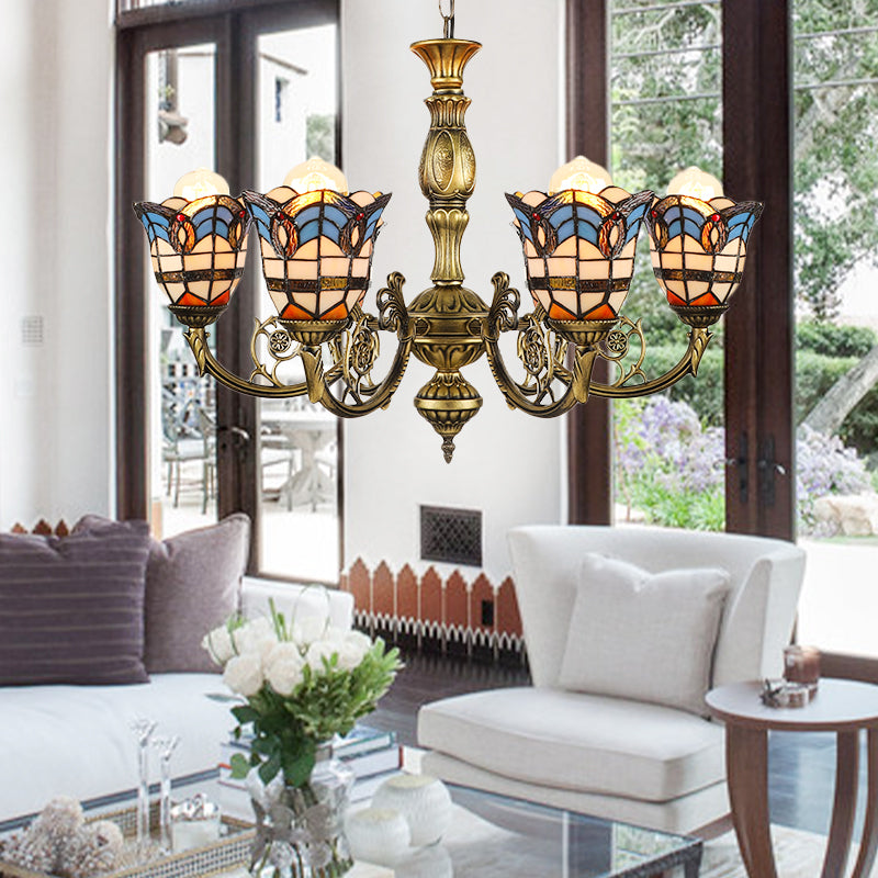 Vintage Stained Glass Peacock Chandelier With 6-Light Baroque Design In Antique Bronze /