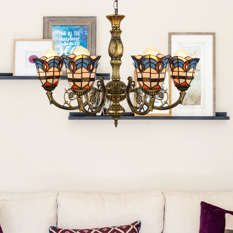 Vintage Stained Glass Peacock Chandelier With 6-Light Baroque Design In Antique Bronze
