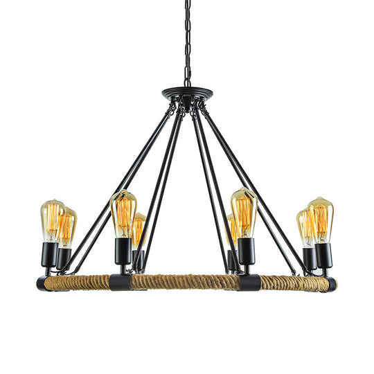 Rustic Rope Ring Chandelier - Lodge Style Pendant Light With Adjustable Chain 6/8 Heads Black