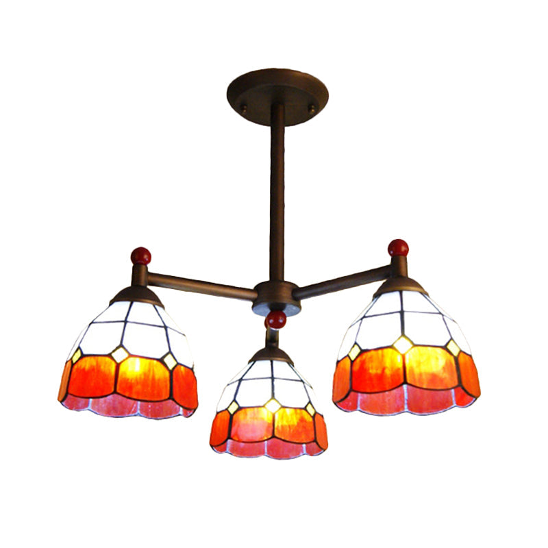 Rustic Stained Glass 3-Light Semi Flush Mount Ceiling Fixture For Dining Room - Red/Blue/Yellow