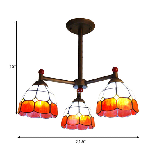 Rustic Stained Glass 3-Light Semi Flush Mount Ceiling Fixture For Dining Room - Red/Blue/Yellow