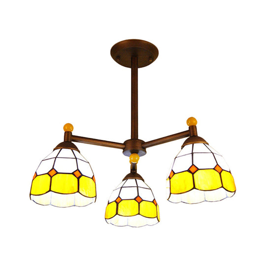 Rustic Stained Glass 3-Light Semi Flush Mount Ceiling Fixture For Dining Room - Red/Blue/Yellow