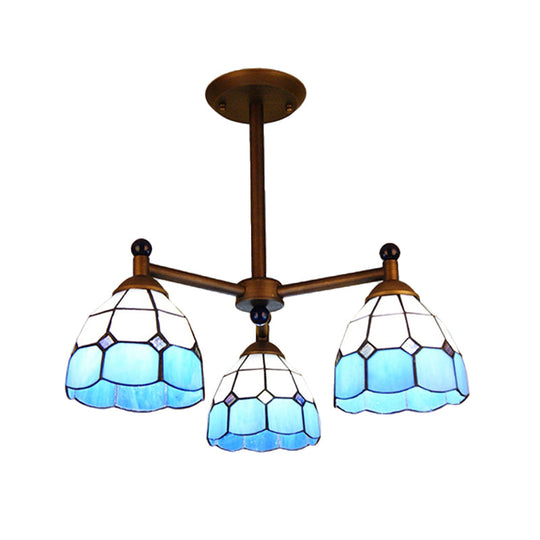 Rustic Stained Glass 3-Light Semi Flush Mount Ceiling Fixture For Dining Room - Red/Blue/Yellow