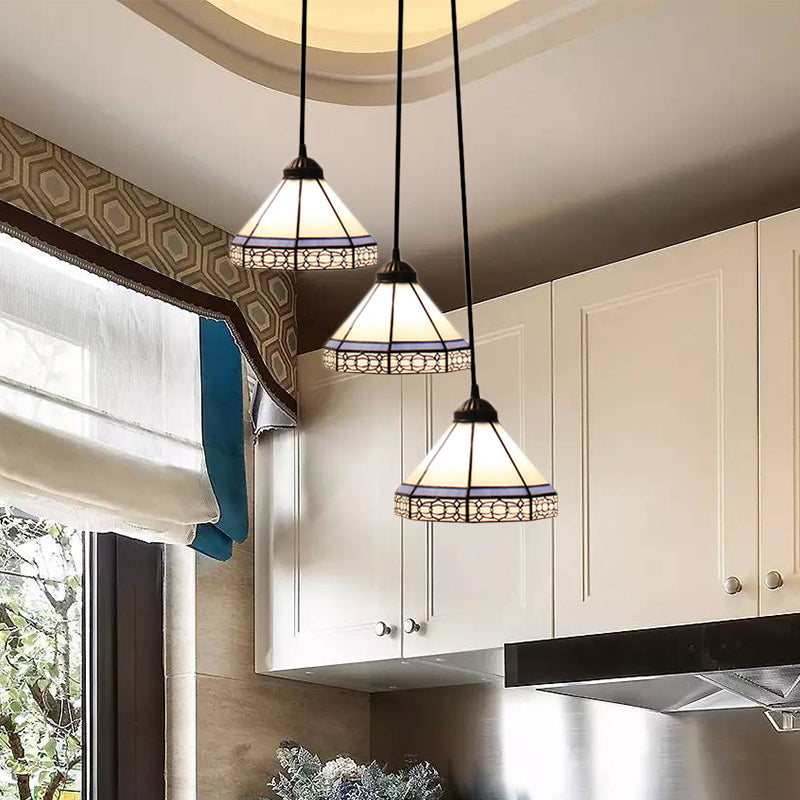 Tiffany-Style Stained Glass Swag Lamp: Blue & White Cluster Pendant Light (3 Heads) With Canopy