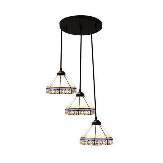 Tiffany-Style Stained Glass Swag Lamp: Blue & White Cluster Pendant Light (3 Heads) With Canopy