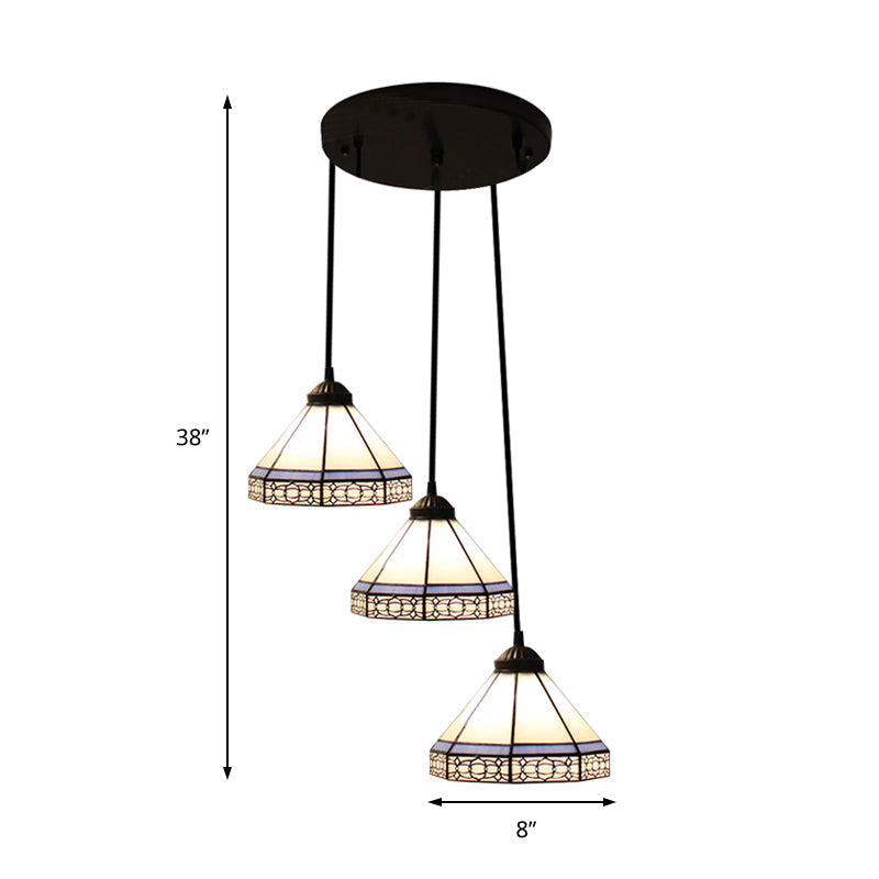 Tiffany-Style Stained Glass Swag Lamp: Blue & White Cluster Pendant Light (3 Heads) With Canopy