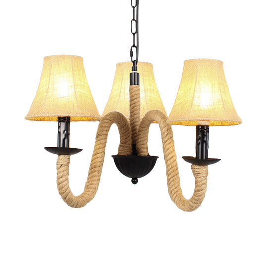 Vintage Style Beige Fabric Shade Chandelier Light Fixture With Rope Detail - Bell/Cone Hanging Lamp