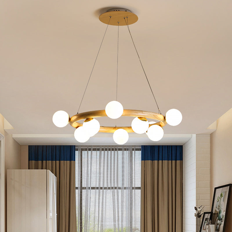 Modern Beige Ceiling Lamp With Frosted Glass Chandelier And Wood Circular Design – 8/10 Bulbs