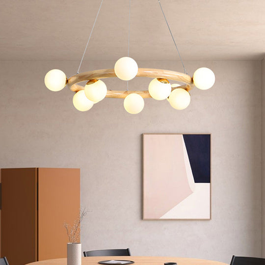 Modern Beige Ceiling Lamp With Frosted Glass Chandelier And Wood Circular Design – 8/10 Bulbs